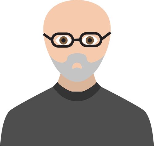 bald man with gray shirt and glasses