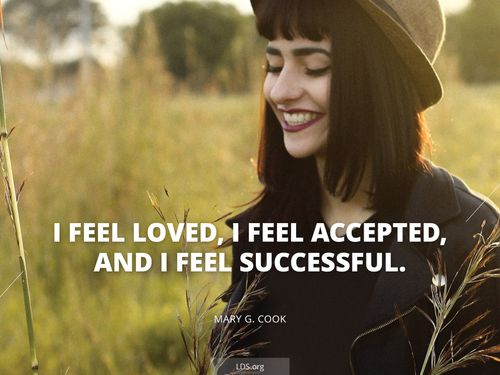 An image of a young woman smiling with words below reading “I feel loved, I feel accepted, and I feel successful.”
