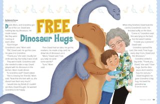 two dinosaurs and a boy hugging grandma