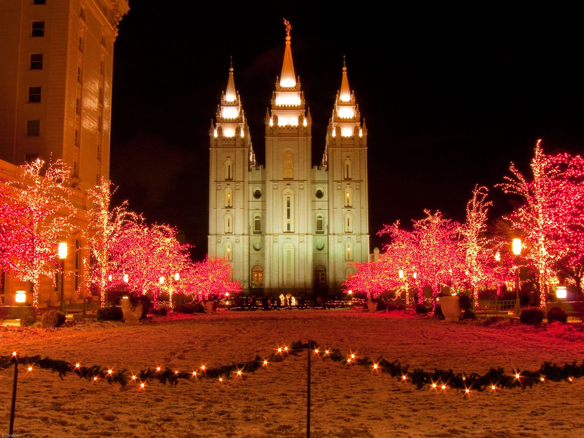The Salt Lake Temple during Christmas, including scenery.