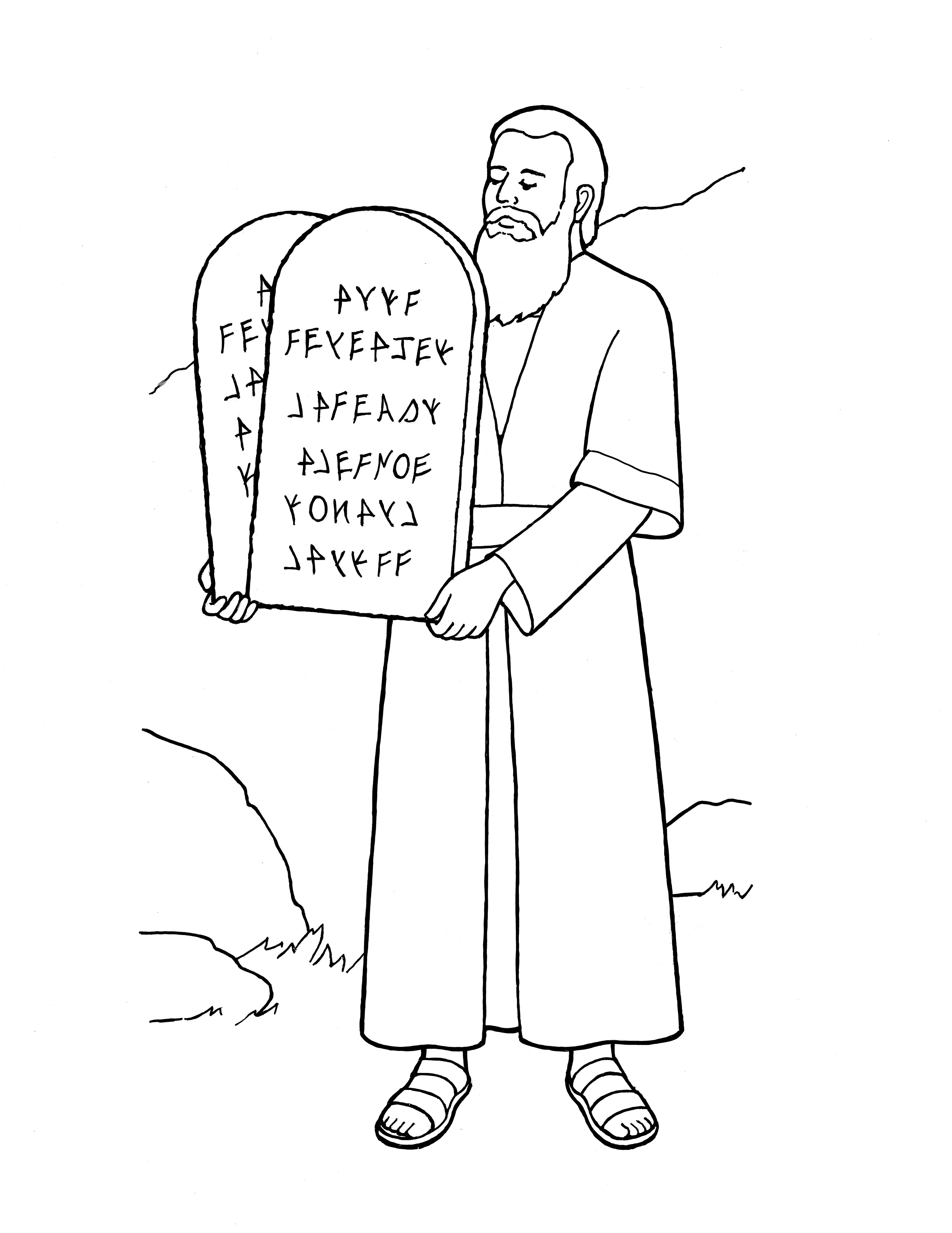 An illustration of Moses holding the tablets of the Ten Commandments, from the nursery manual Behold Your Little Ones (2008), page 99.