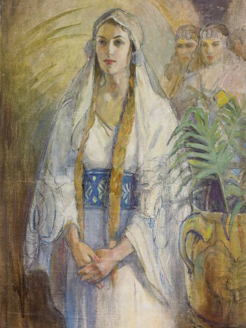 Portrait of the Old Testament Queen Esther, wife of King Ahasuerus.  Esther is depicted wearing a white dress with a blue waistband.