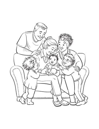 coloring page of a family with their grandma