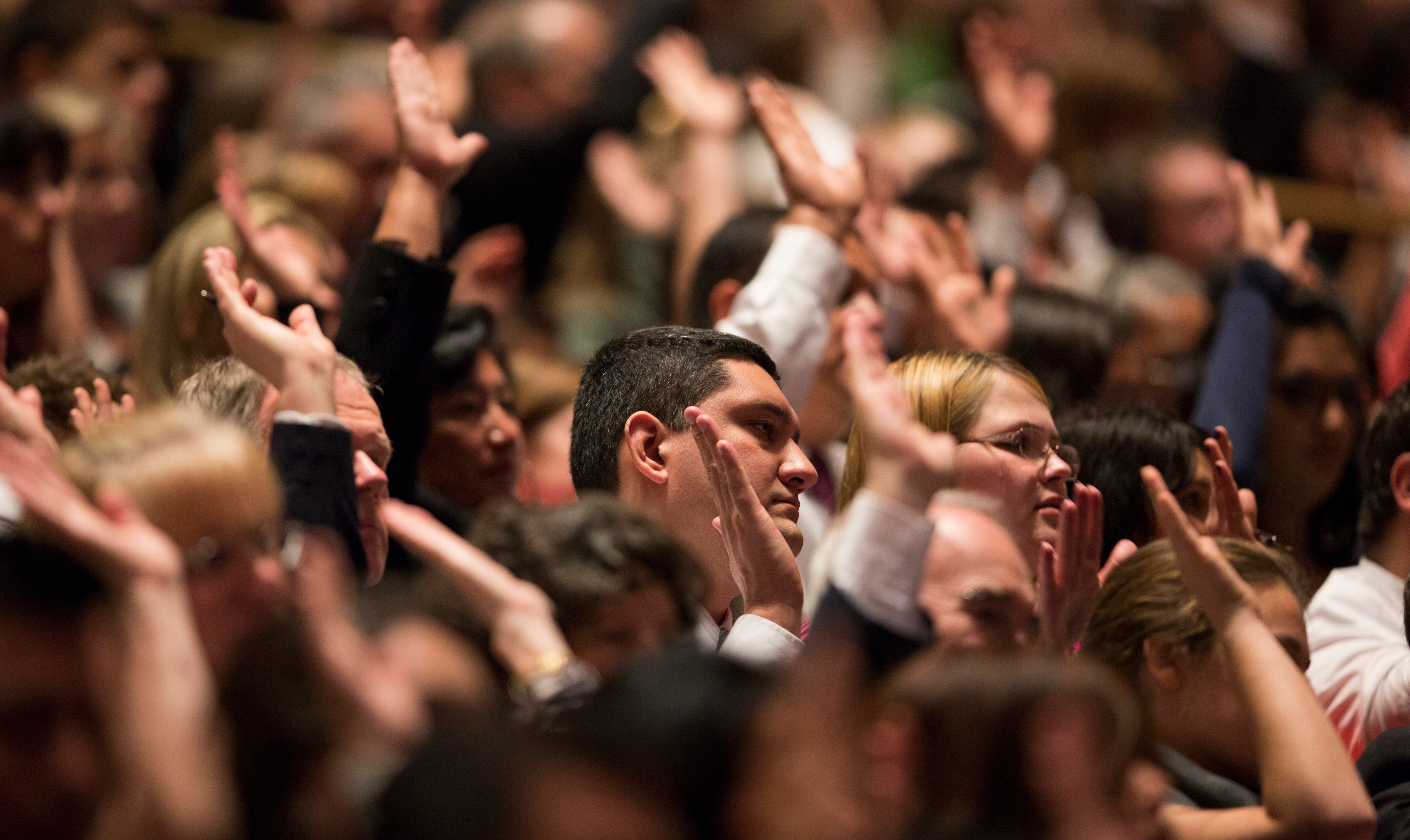 The congregation sustaining Church leadership in general conference.