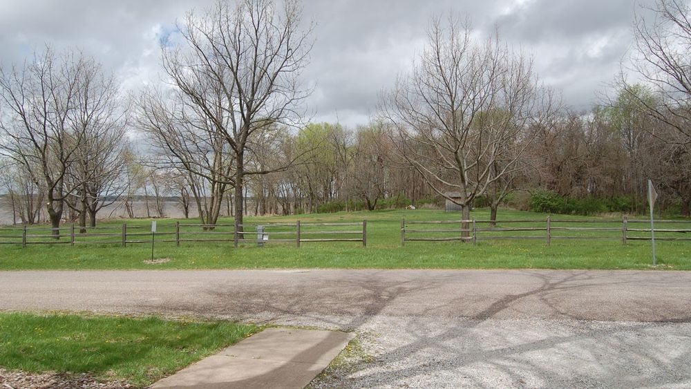 An open grassy area with trees and a wood fence.