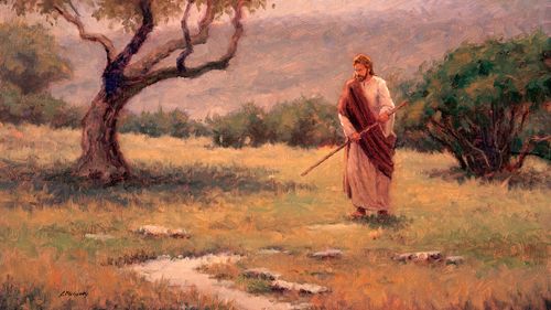 Jesus walks along a path near a tree