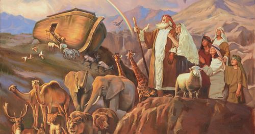 Noé, su familia, los animales, el arca y un arcoíris