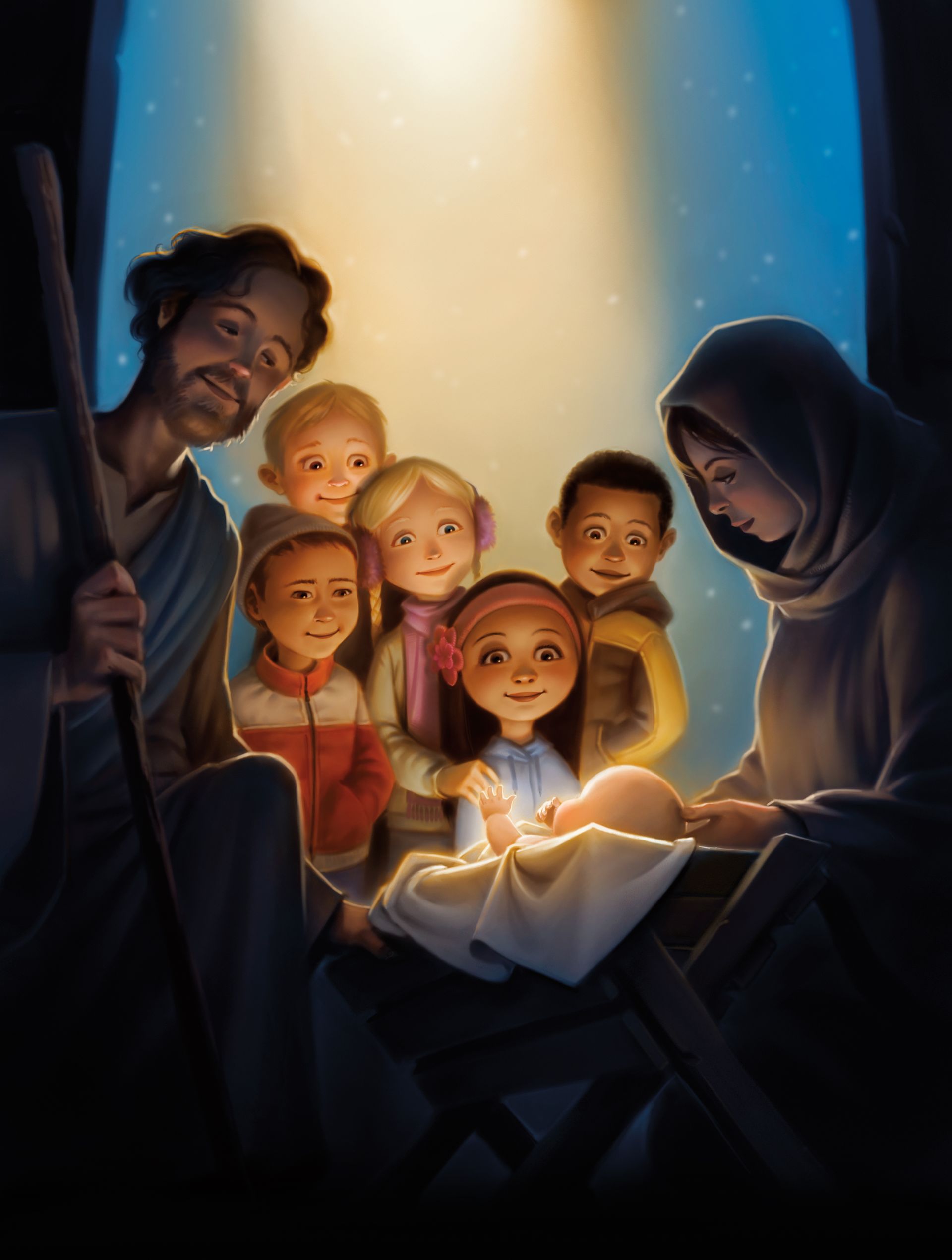 A group of children watch a reenactment of the Nativity scene with Mary, Joseph, and baby Jesus.
