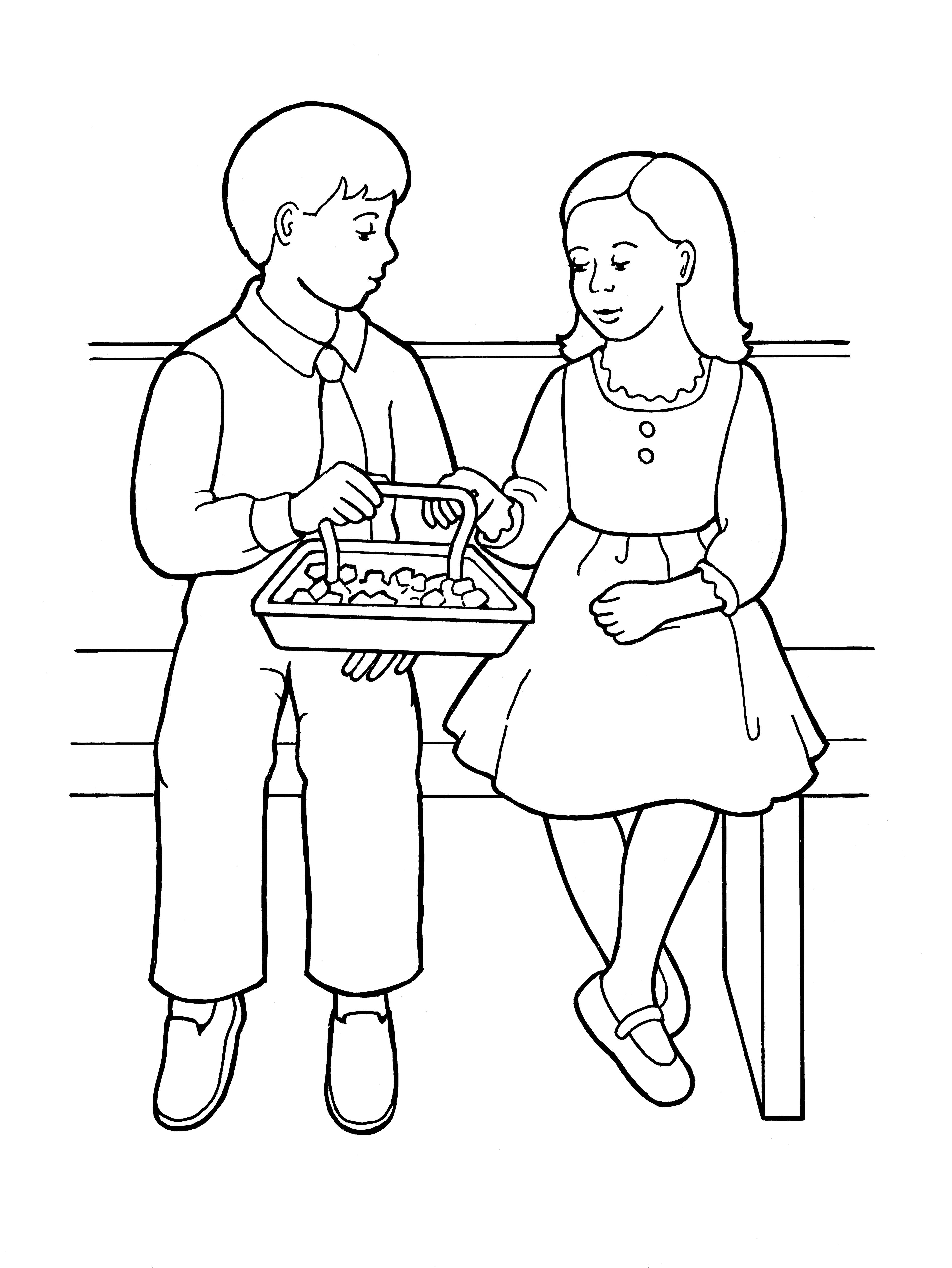 An illustration of a young girl and young boy partaking of the sacrament bread, from the nursery manual Behold Your Little Ones (2008), page 115.