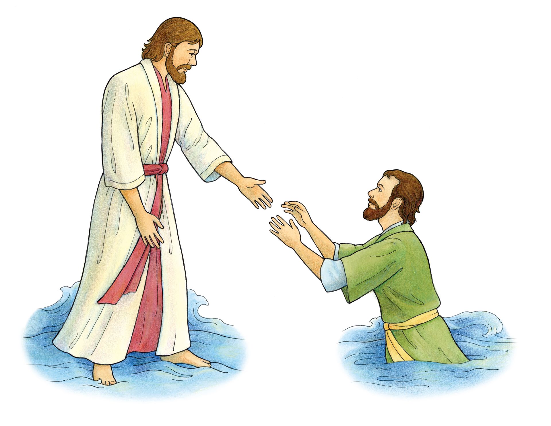 Jesus walking on water and reaching for Peter, who is sinking.