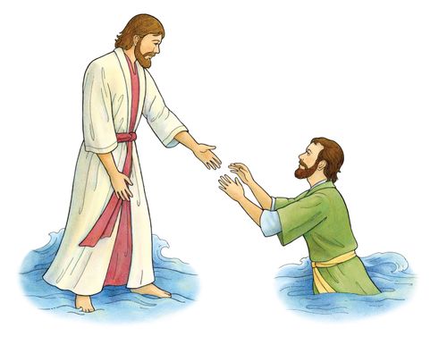 An illustration of a Bible story about Jesus walking on water and reaching His hand down to Peter, who is sinking in the water.