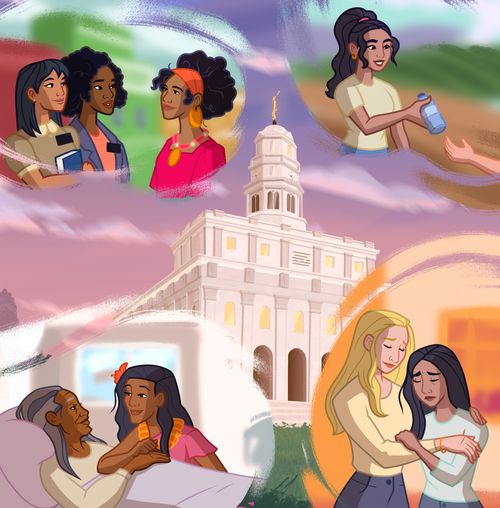 A montage illustration depicting how women in the Church have helped people around the world.