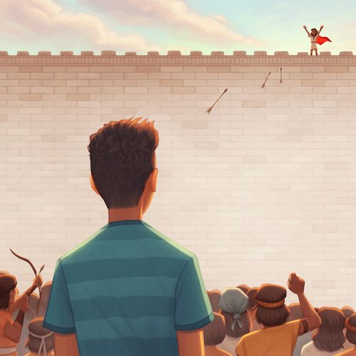 young man in a crowd looking at a wall with Samuel the Lamanite on top