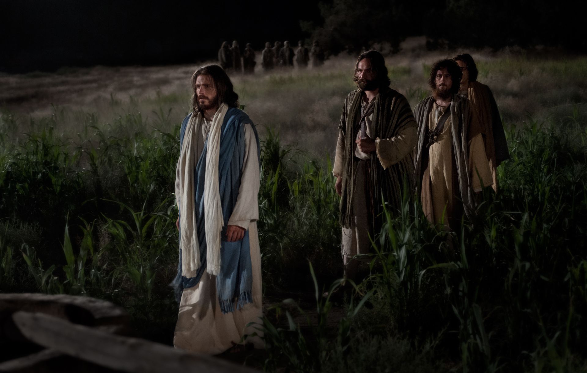 Christ walking ahead of His disciples into the Garden of Gethsemane.
