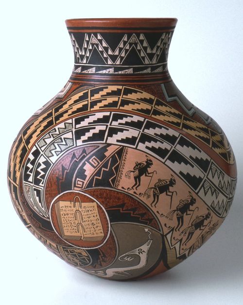 Pot with Hopi patterns, figures, and a depiction of the gold plates.