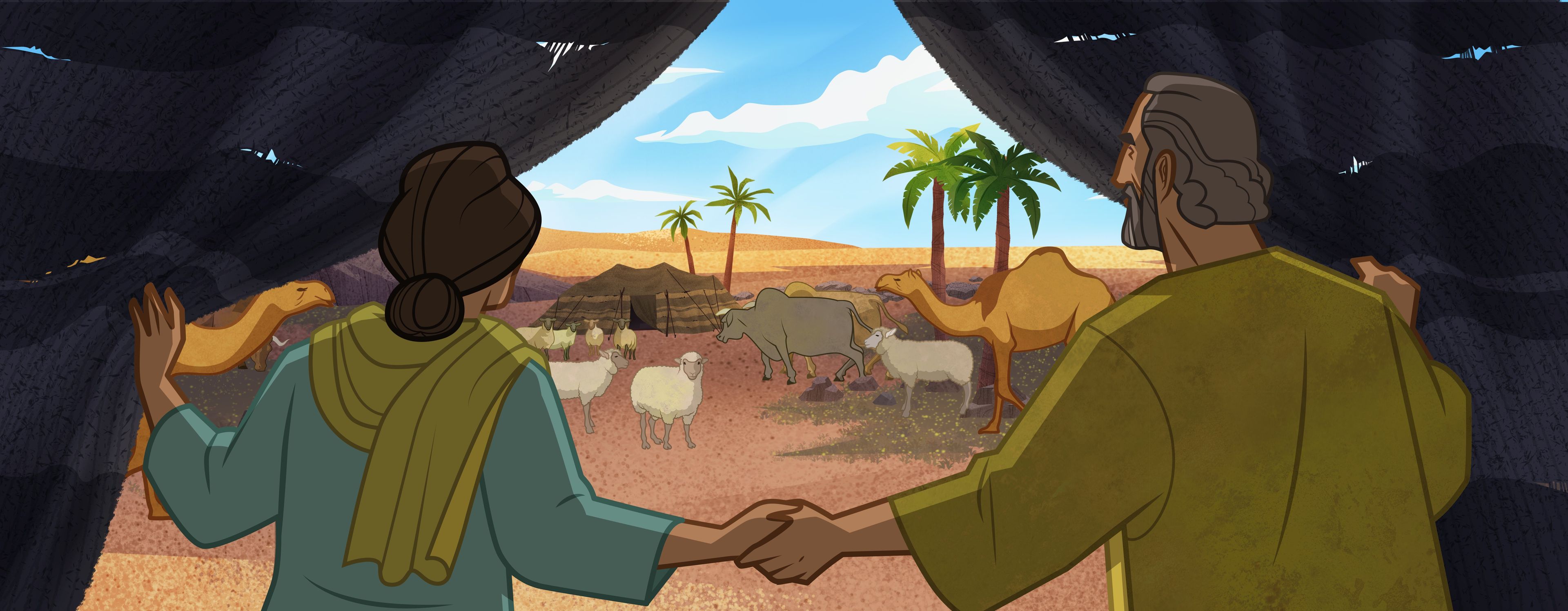 Illustration von Abraham, Sara und ihrem Vieh 
Genesis 13:1-4,12; Abraham 2:19