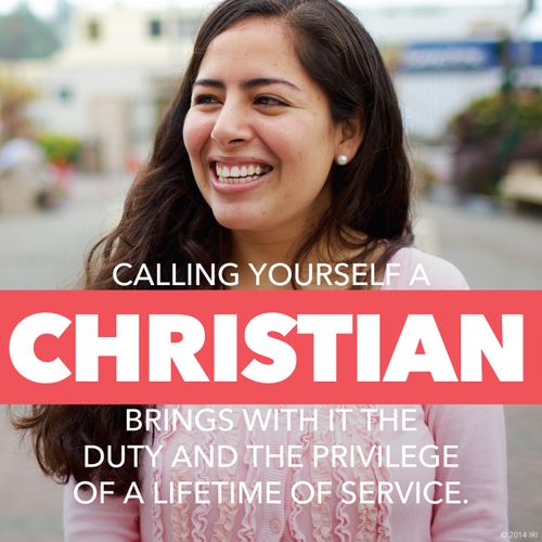 A photograph of a woman smiling, with the words “Calling yourself a Christian brings with it the duty and the privilege of a lifetime of service.”