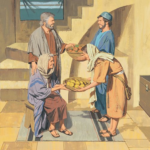 Sermon on the Mount - Jesus teaches the people to be peacemakers - people giving food to others is depicted -  ch.20-6