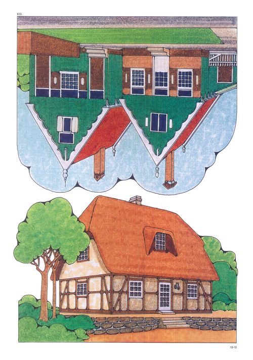 Two Primary cutouts showing different homes, a green and red wooden home and one with a thatched roof.