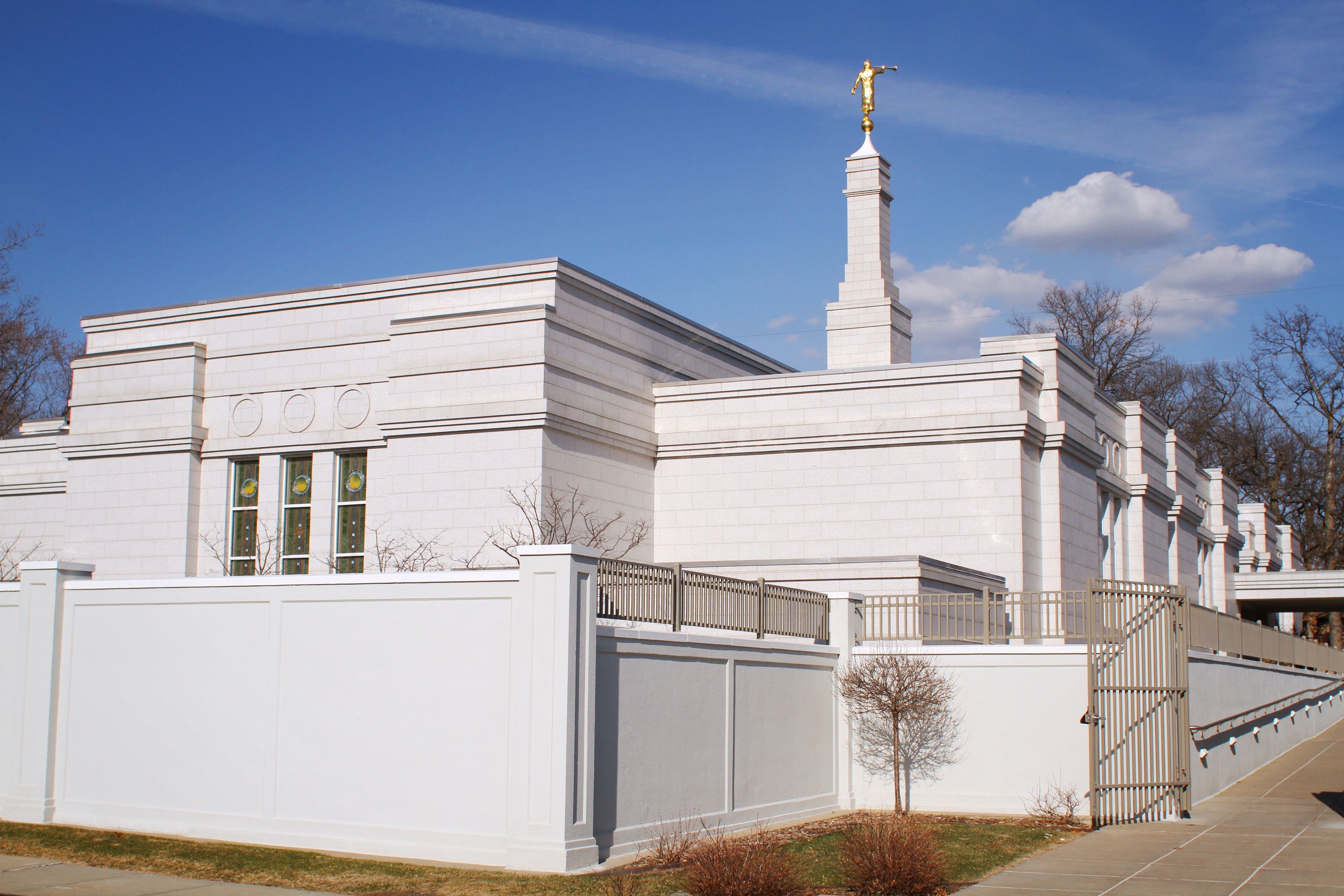 The St. Paul Minnesota Temple west side, including the windows, spire, and entrance.