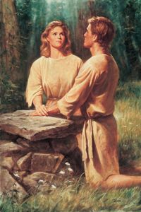 Ādams un Ieva — nometušies ceļos pie altāra