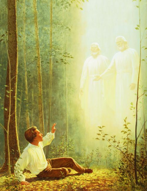 Joseph Smith, Jr. sitting on the ground in the Sacred Grove. Joseph is looking up at a vision of Jesus Christ and Father in Heaven, both of whom are dressed in white robes. The Father is extending His hand toward Christ as He instructs Joseph to listen to Him.