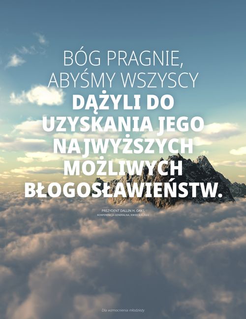 plakat przedstawiający góry wznoszące się ponad chmury