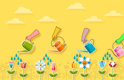 illustration of several flowers being watered