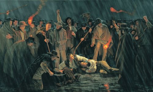 An anti-Mormon militia mob standing above and pointing guns at Joseph Smith, Jr., Parley P. Pratt and Sidney Ridgon. The Church leaders are lying on the ground. Rain is falling on the men. The anti-Mormon mob seized the three Church leaders on the evening of 31 October 1838 and subjected them to an illegal court-martial.