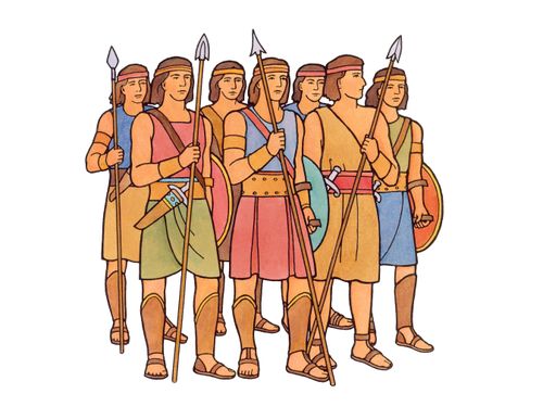 An illustration of seven of the stripling warriors all standing together, carrying spears and shields.