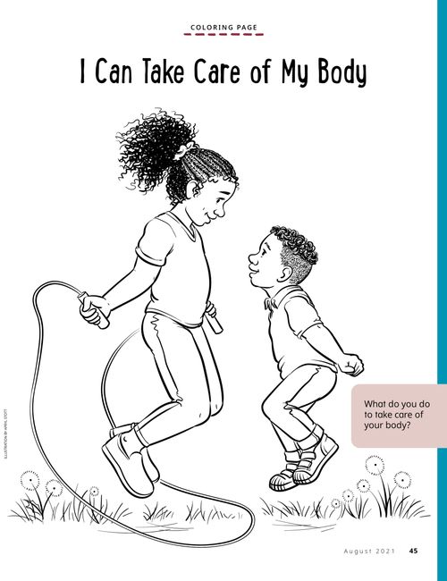 Coloring page PDF with image of girl and boy jumping rope