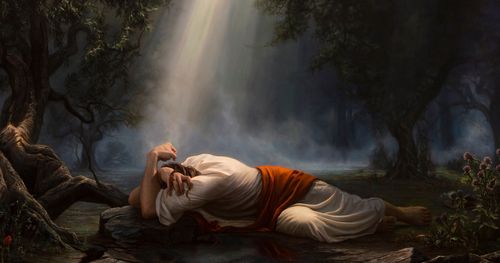 Painting portraying Jesus Christ lying on the ground in the garden of Gethsemane. A ray of light is coming through the trees.