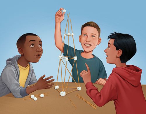 Three boys building a tower of dried spaghetti and marshmallows