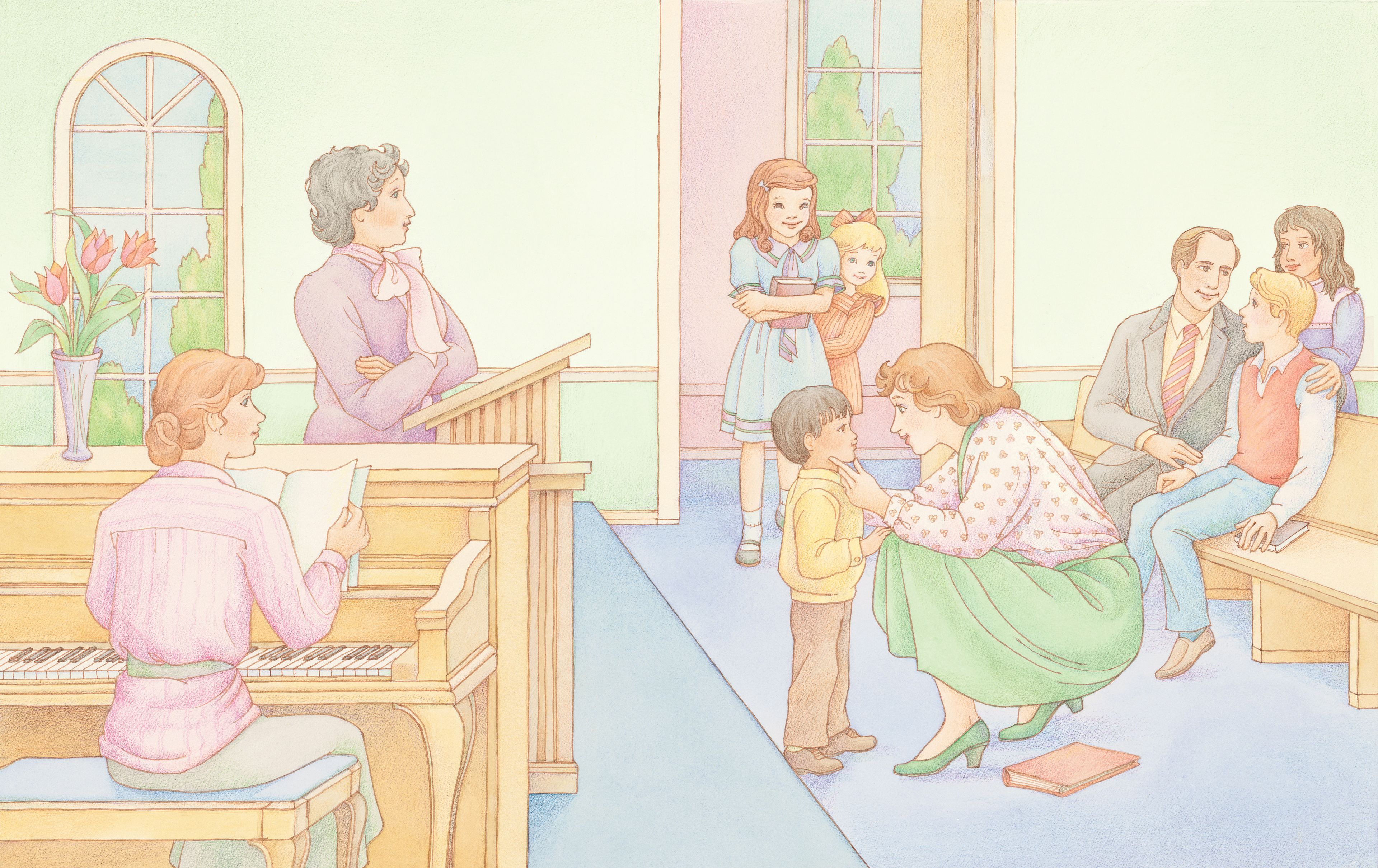 Several children entering a Church meeting and being greeted by those already in the room. From the section “Prelude Music” in the Children’s Songbook, pages 286–87; watercolor illustration by Phyllis Luch.