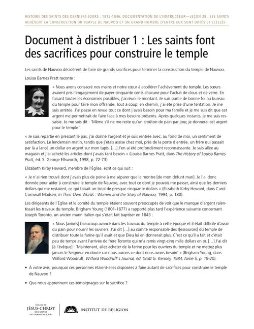 Document à distribuer 1 : Les saints font des sacrifices pour construire le temple