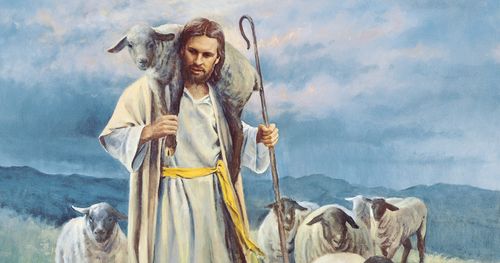 Jesus Christ depicted as the Good Shepherd. Christ is portrayed with a small herd of sheep. He is carrying a sheep (or lamb) over His shoulders. Christ is also carrying a staff in His hands.