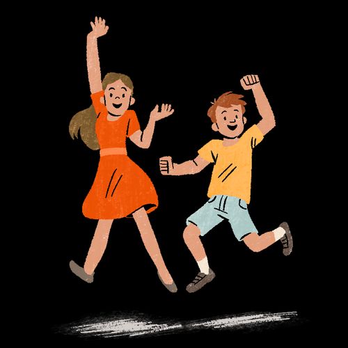 girl and boy jumping for joy