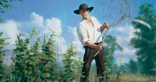 Painting depicts Hyrum Smith clearing temple grounds of weeds to begin construction of Kirtland Temple, by Joseph Brickey.