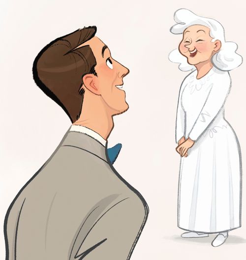 a young President Eyring smiling at an older lady in a white dress