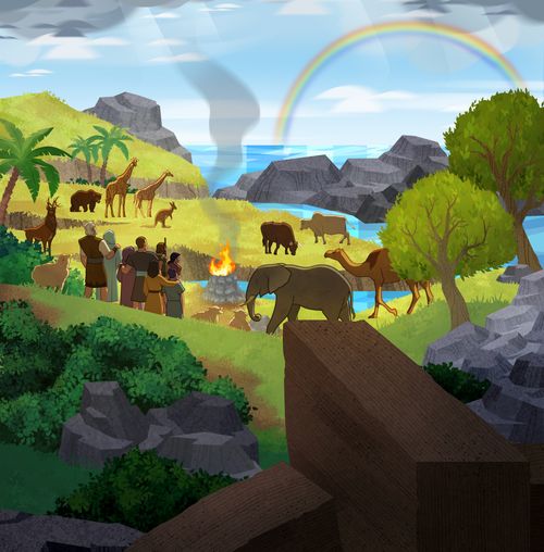 삽화: 땅 위에 있는 노아, 가족, 동물들 
창세기 8:13~22; 9:8~17