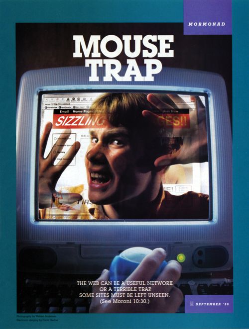 A conceptual photograph of a young man trapped inside of a computer monitor, paired with the words “Mouse Trap.”