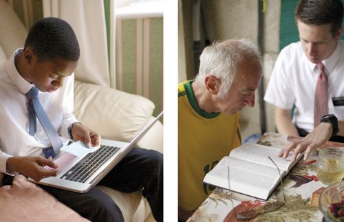 youth using a computer and missionary teaching a man