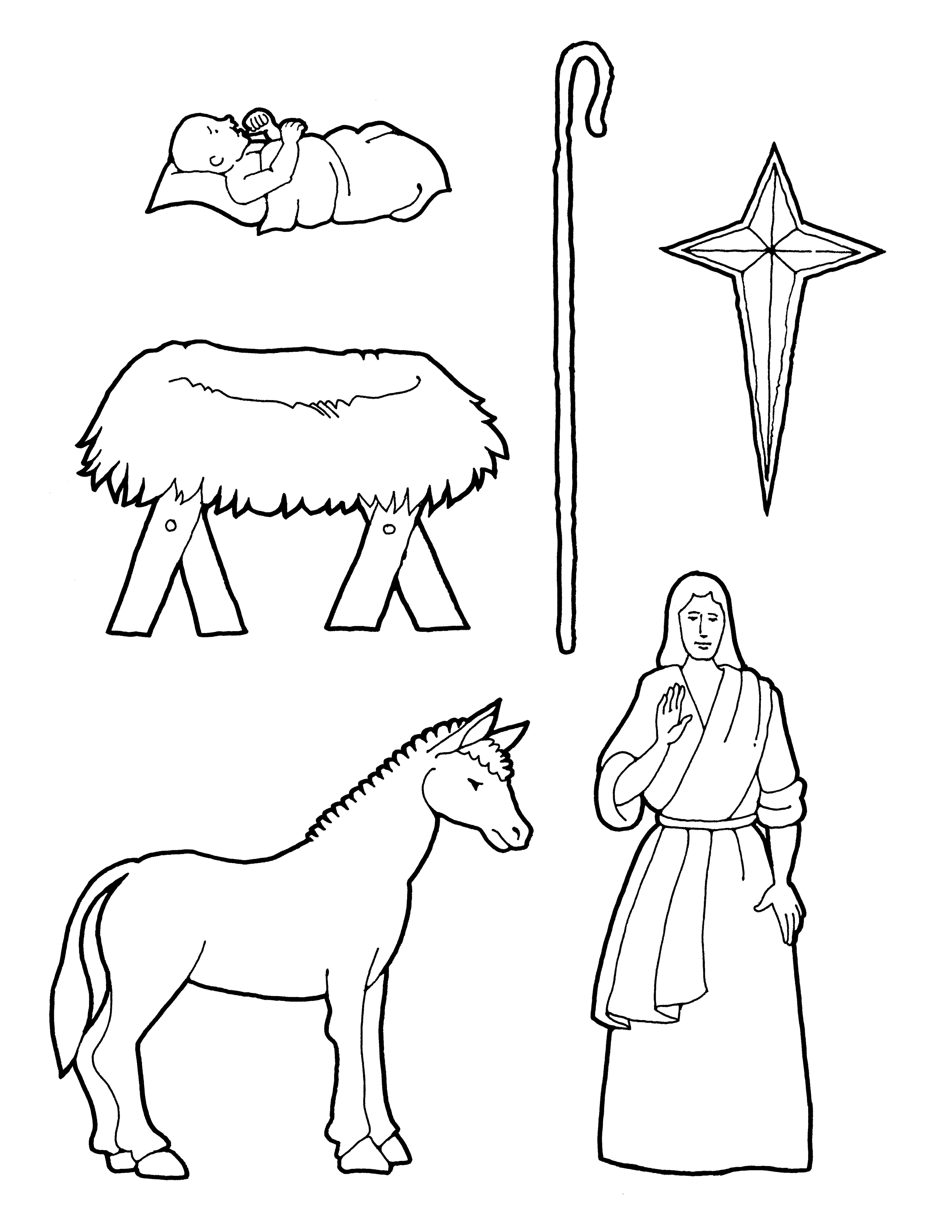 A coloring page of Nativity pieces.