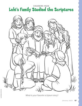 coloring page of Lehi reading scriptures to family