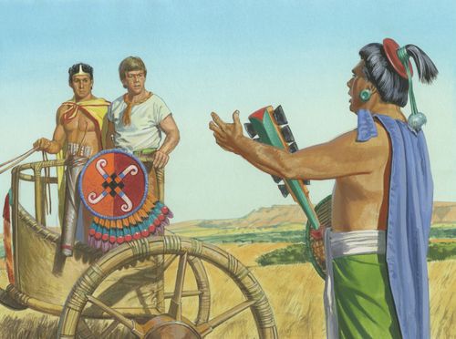 A painting by Jerry Thompson illustrating Ammon and Lamoni standing in a chariot and listening to Lamoni’s father, King Lamoni, speak to them.