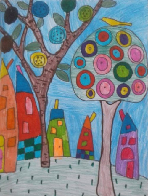 colorful drawing of houses and trees