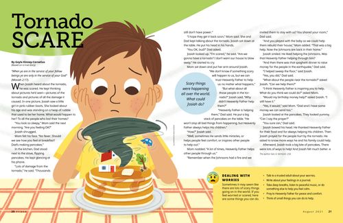 Story PDF with image of a boy eating pancakes and worrying about a tornado