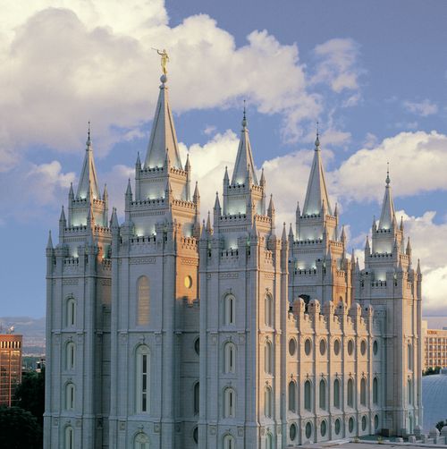 Altered photograph of the Salt Lake Temple. The clouds have been added and the colors changed.