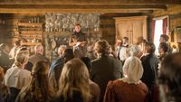 Scene 202, Actors, portraying Joseph Smith, Oliver Cowdery, and others gather in the Whitmer home for the organization of the Church of Jesus Christ of Latter-day Saints, April 6, 1830.