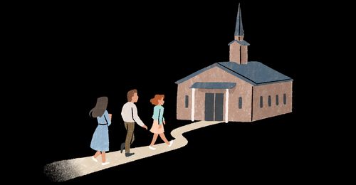 people walking toward a meetinghouse